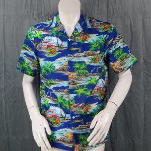 Vintage Hawaiian Shirt - Bug Car and Motorcyle Strip Graphic by Helena - Mens S